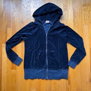 Vintage Juicy Couture Navy Blue Velour Zip Up Hoodie Y2K USA Made Size 1X